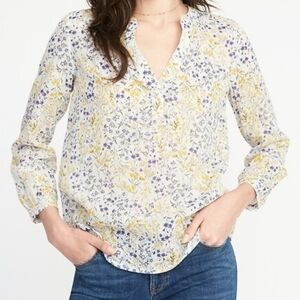 Old Navy Women's Floral Print Relaxed Linen Blend Long Sleeve Semi Sheer Top XS